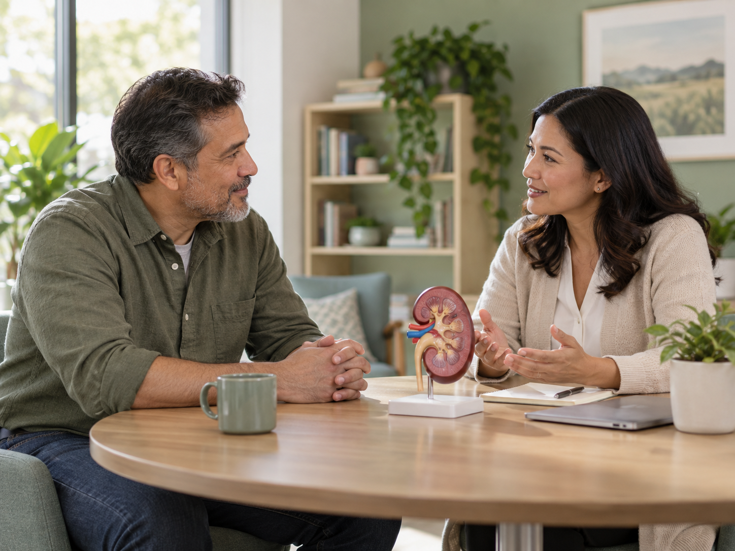 Illustration of an employee and benefits navigator talking beside a kidney teaching model