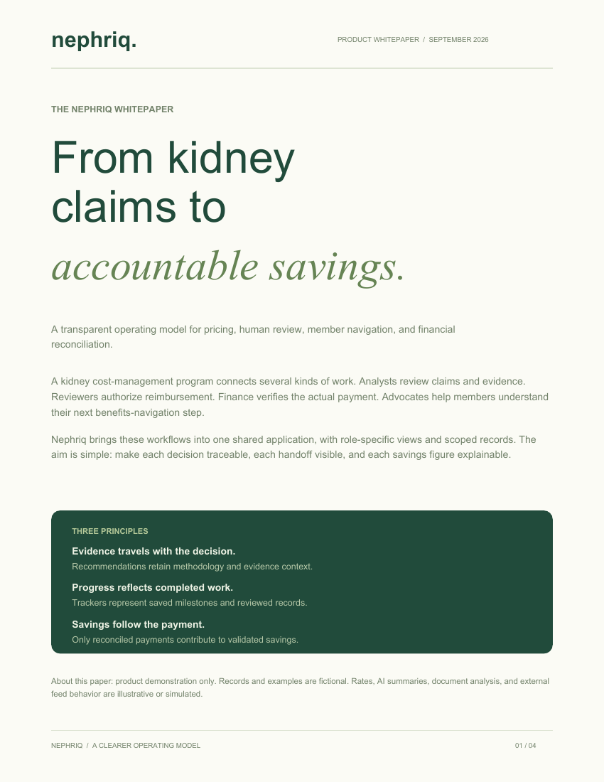 Cover of the Nephriq whitepaper: From kidney claims to accountable savings